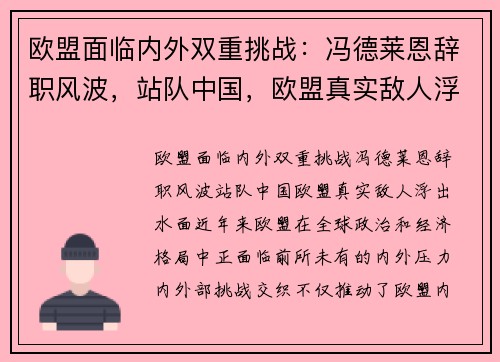 欧盟面临内外双重挑战：冯德莱恩辞职风波，站队中国，欧盟真实敌人浮出水面