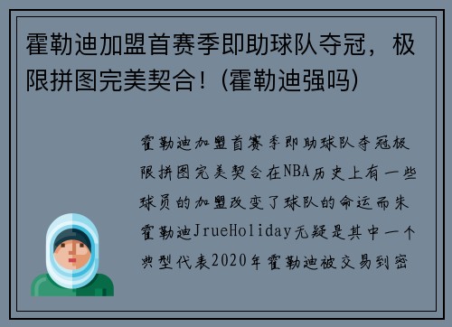 霍勒迪加盟首赛季即助球队夺冠，极限拼图完美契合！(霍勒迪强吗)